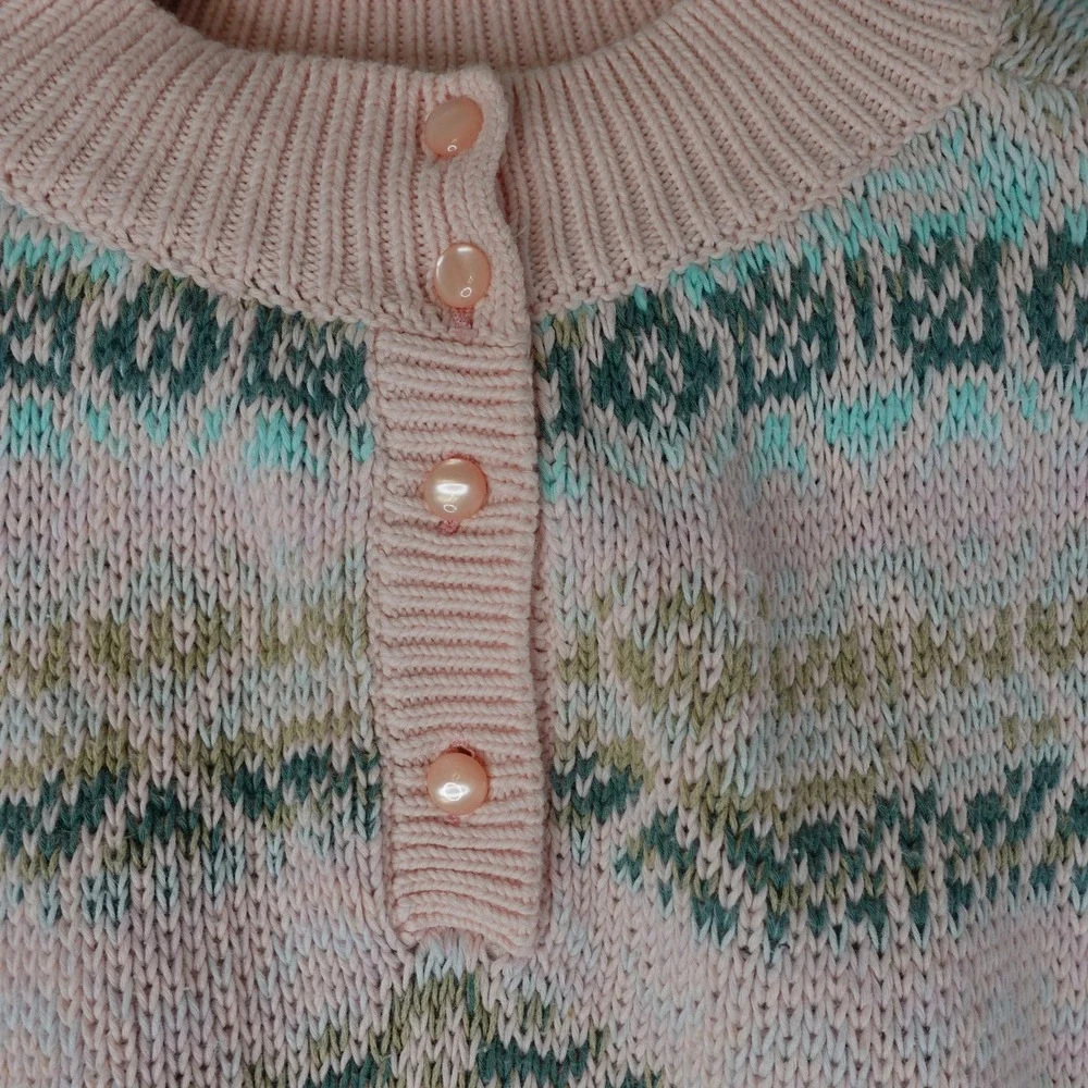 Vintage 90s Benetton Sweater Vest Womens L Pink Fair Isle Henley Knit Italy Prep